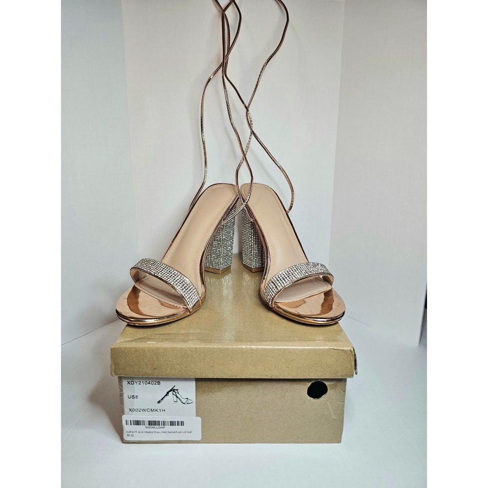 Rose Gold Rhinestone Lace Up Block Heel‎ Sandals XDY210402B US 8